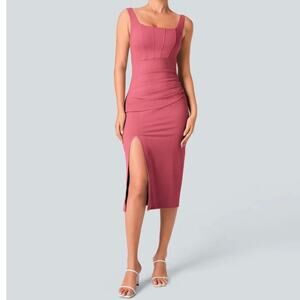 Halara Softlyzero Airy Square Neck Corset Ruched Split Midi Dress